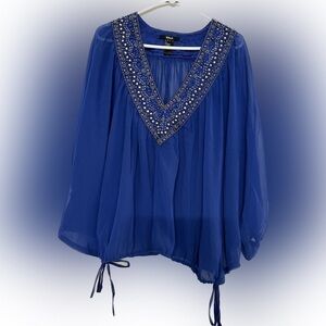 Royal blue blouse embellished with beads and rhinestones along deep V-neck Sz L